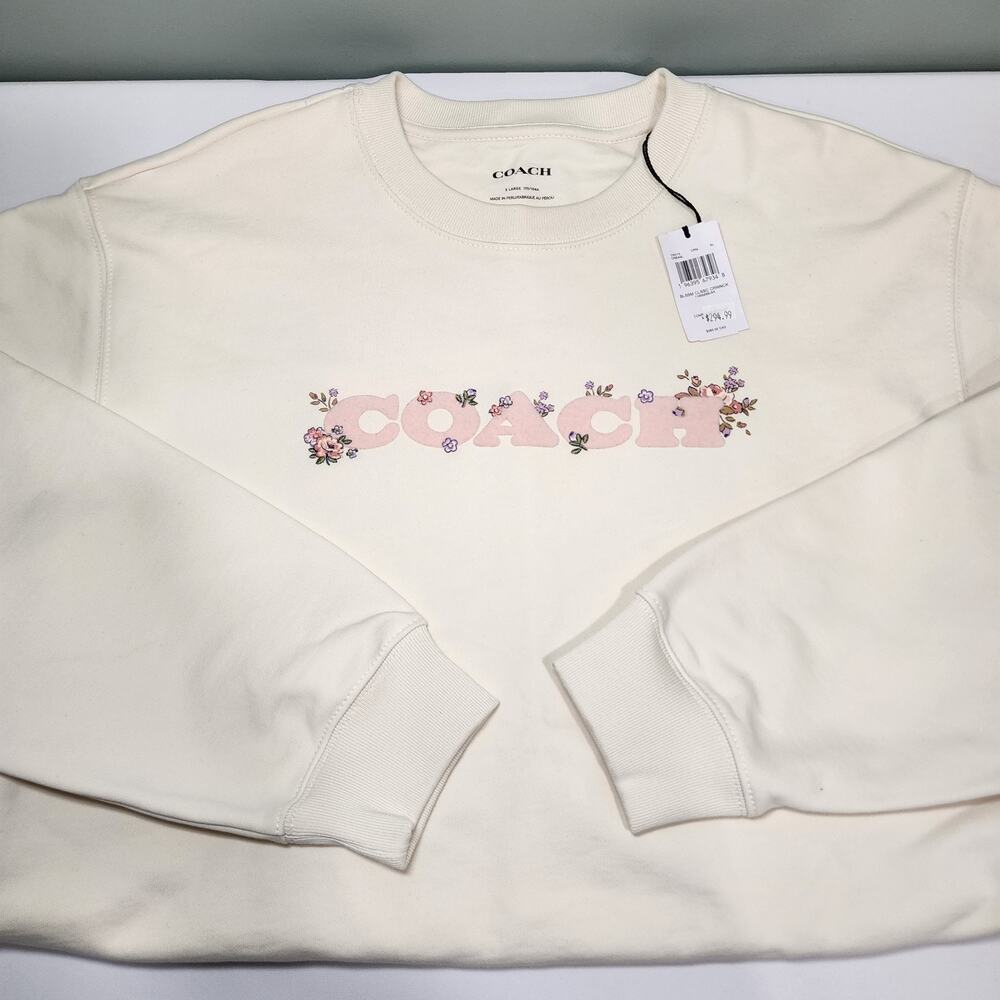 NWT Coach CAH70 Woman Spring Blossom Print Classic Crewneck Sweatshirt Cream XL